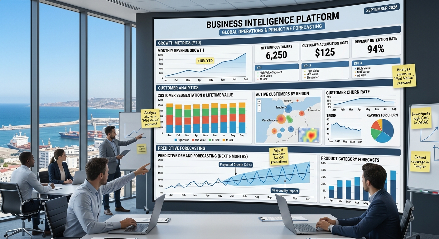 Business intelligence platform displaying growth metrics, customer analytics, and predictive forecasting charts