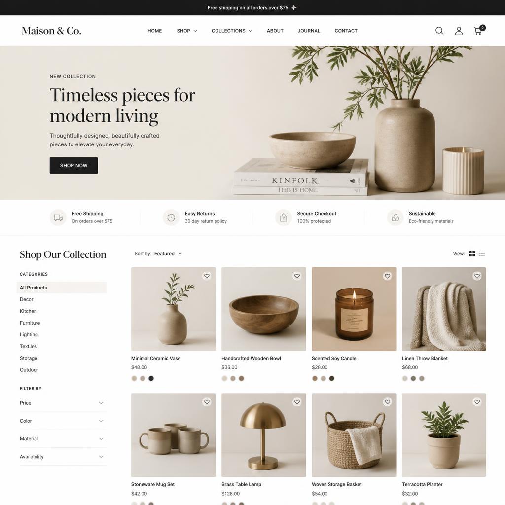 Beautifully designed custom e-commerce storefront with product grid layout and modern UI elements