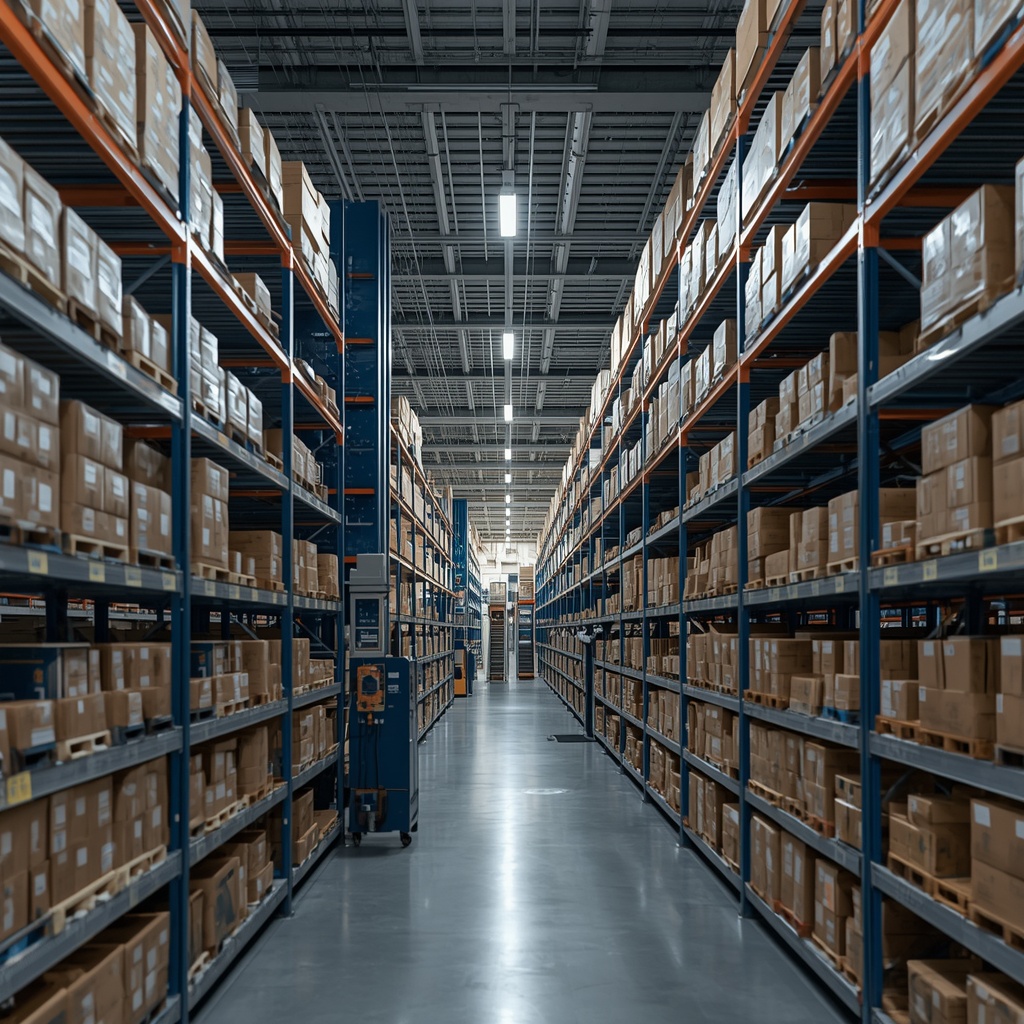 High-tech automated warehouse fulfillment center with robotic sorting systems and organized product shelves
