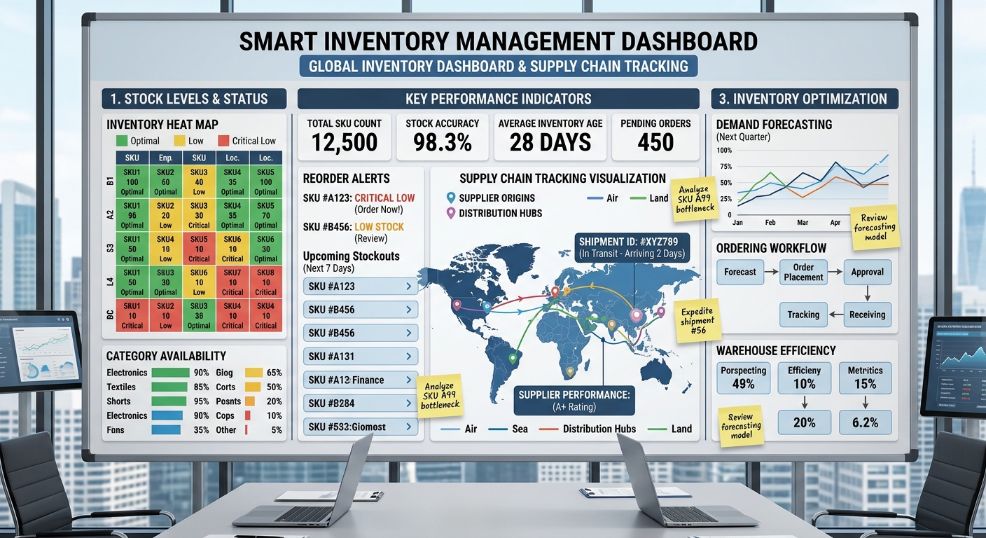 Smart inventory management dashboard with stock levels, reorder alerts, and supply chain tracking visualization