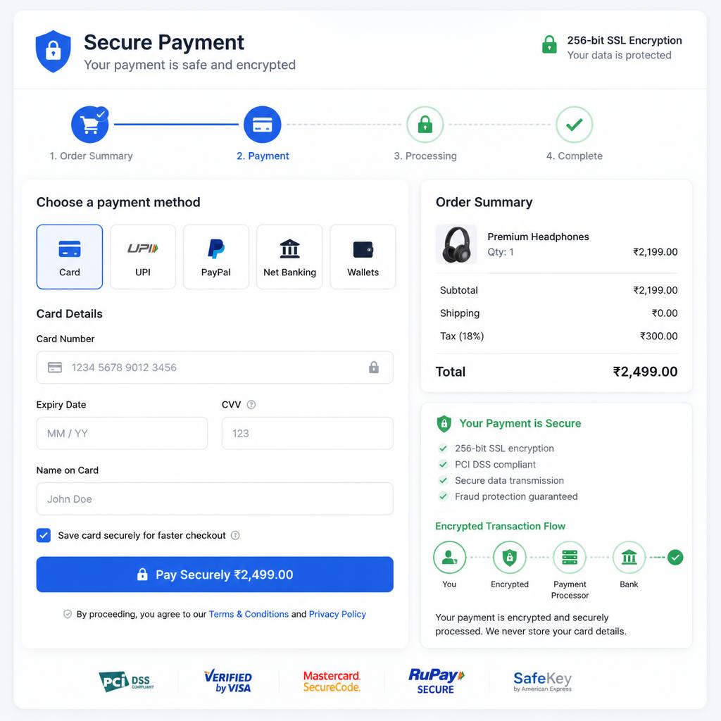 Secure payment processing interface with encrypted transaction flow and multiple payment method icons